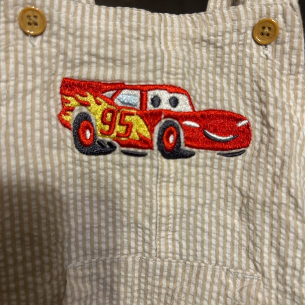 Disney Cars Beige Striped Searsucker Overalls - Picture 7 of 7